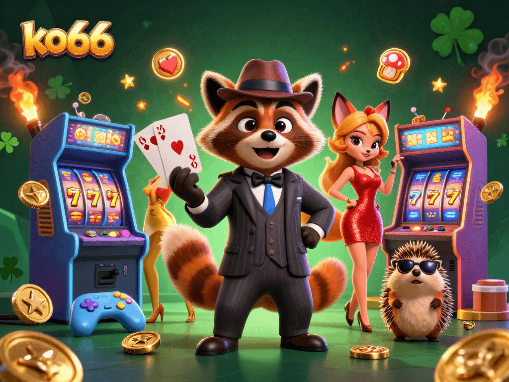 Experience excitement at ko66 with a suave raccoon, charming fox, and dynamic gaming elements.