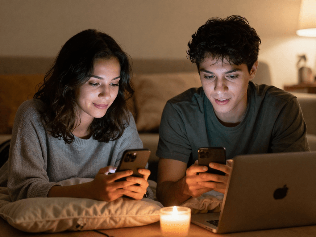 Engaging in sex chat ai conversations on smartphones in a cozy home setting.