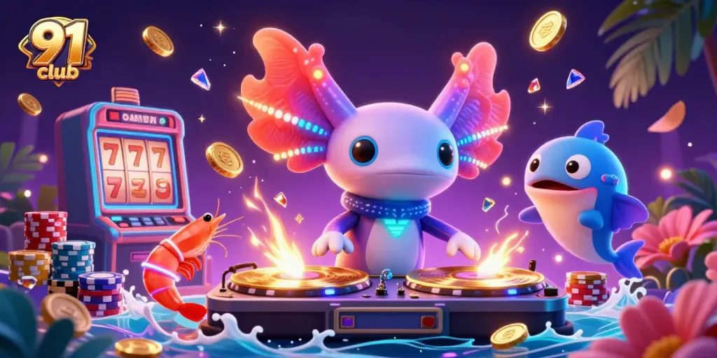 Spin the reels with 91 club's vibrant 3D gaming scene featuring neon characters and cascading coins.