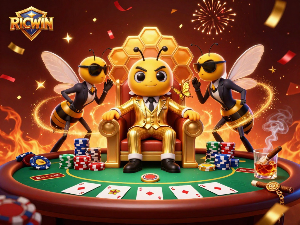 RICWIN showcases a bumblebee mob boss amidst vibrant poker action, capturing the thrill of the game.