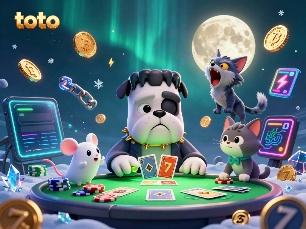 Engage in thrilling toto card games with a cartoon bulldog dealer, floating ghost mouse, and a howling werewolf kitten.