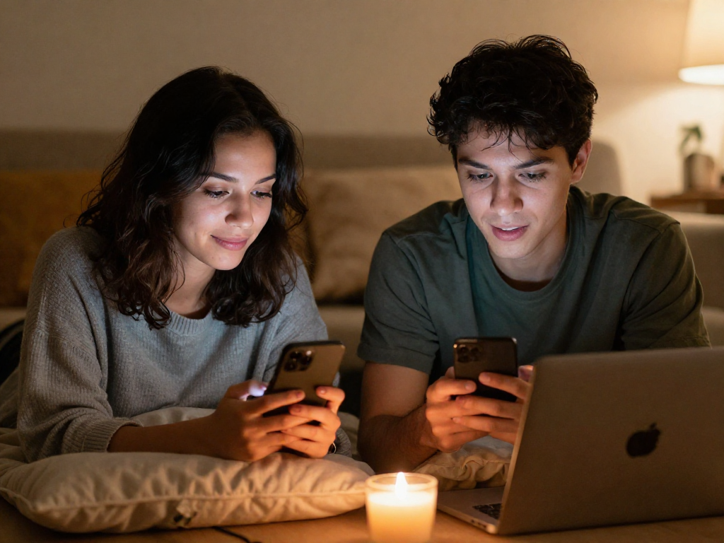 Engaging in sex chat ai conversations on smartphones in a cozy home setting.