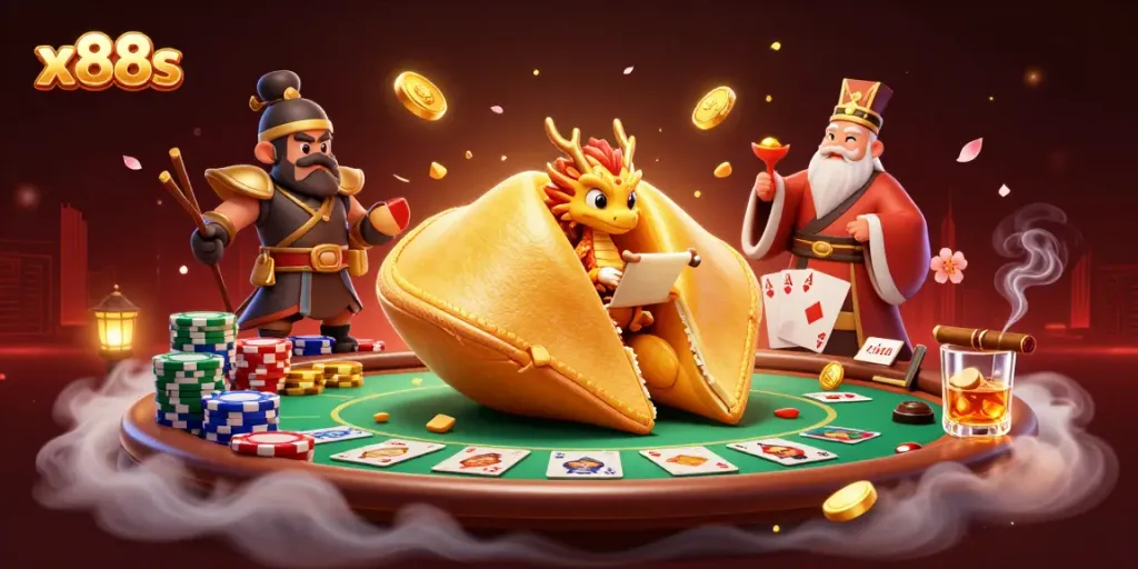 Experience thrilling games at x88s casino with dynamic poker action amid golden fortune and mystical characters.