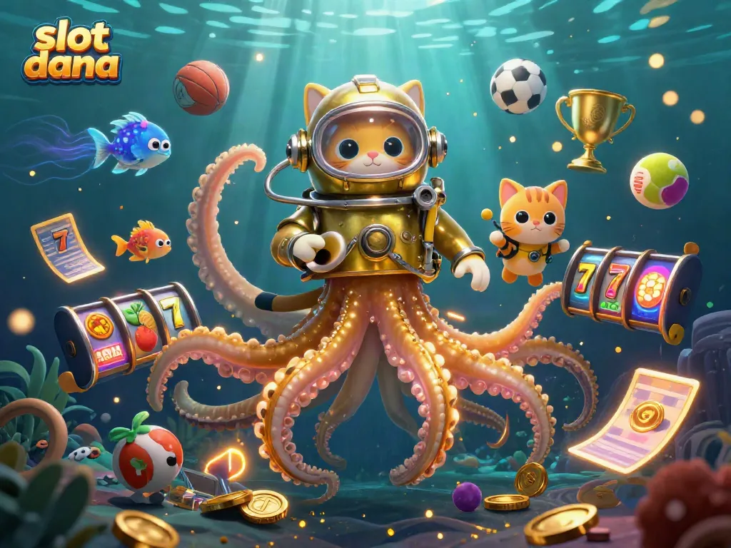 Experience engaging slot dana wins with a stunning kraken and diving cat illustration.
