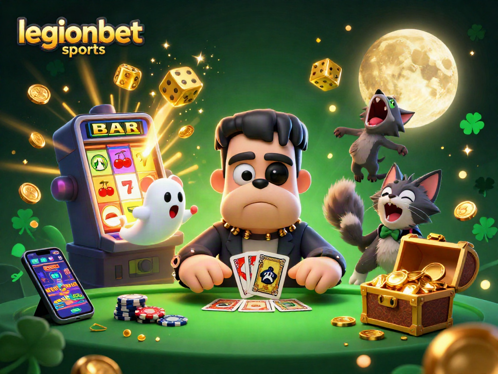 Experience legionbet sports with a vibrant 3D illustration showing iconic gambling characters and elements.