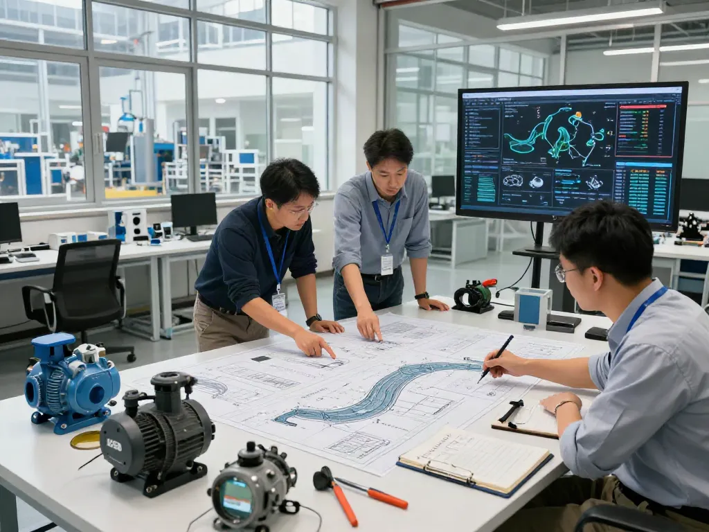 Bombas KSB Venezuela en un entorno industrial, ingenieros discutiendo modelos y prototipos.