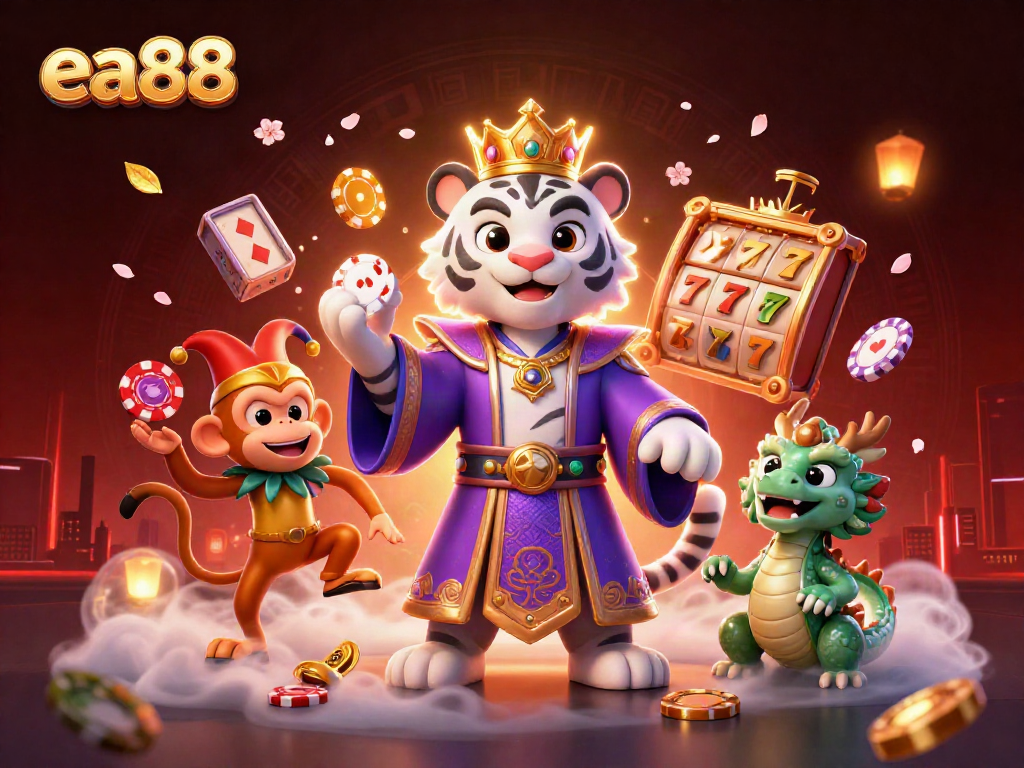 Experience exciting gaming with ea88’s vibrant jackpot scene featuring a royal tiger and playful monkey.