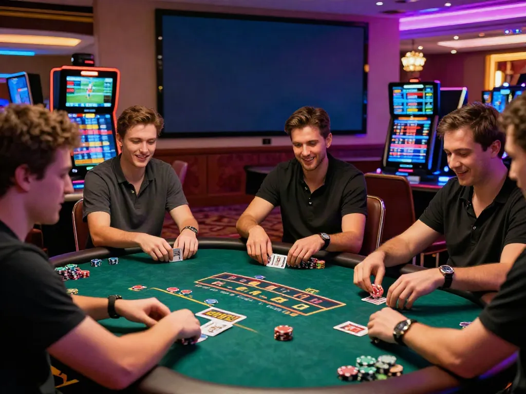 Exciting gaming atmosphere at http://sin88-onl.com/ with players engaged in poker and roulette.