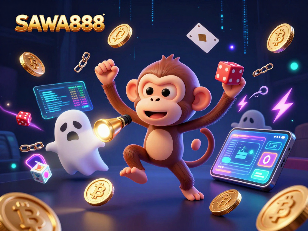 Experience SAWA888 with an exciting mix of gaming elements and a mischievous monkey in a haunted casino.