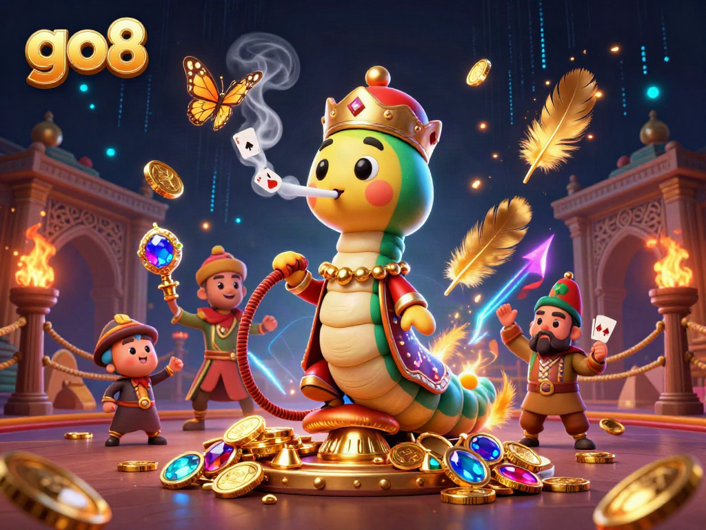 Experience the excitement of go8 with a vibrant casino scene featuring a Caterpillar Sultan and poker symbols.