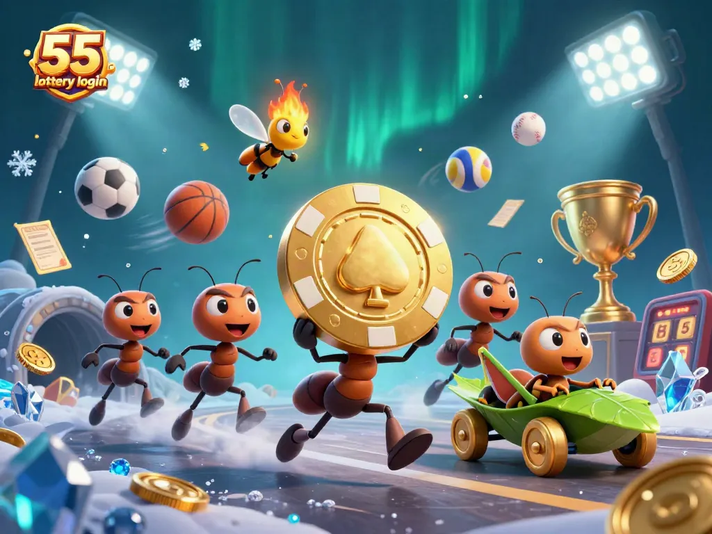 Engage in thrilling gaming with 55 lottery login, featuring ants heisting a giant poker chip amid dynamic sports elements.