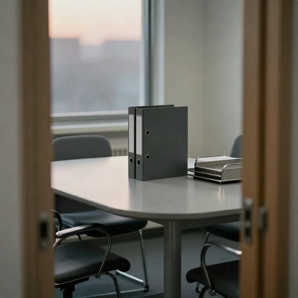 Pension trustee meeting room with binders, frosted window and folded chair at dusk.