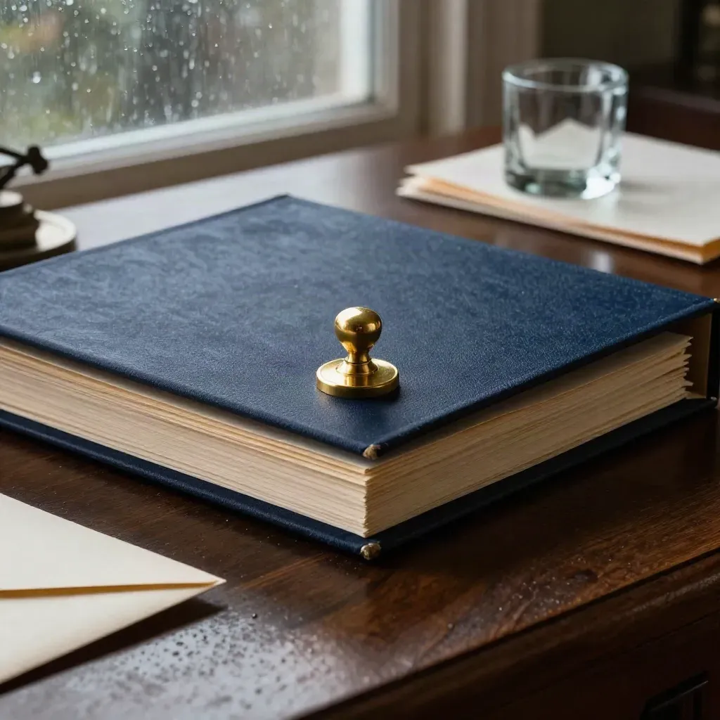 Navy trust box, brass seal stamp, deed folders and envelopes on a dark oak desk in moody rain light.