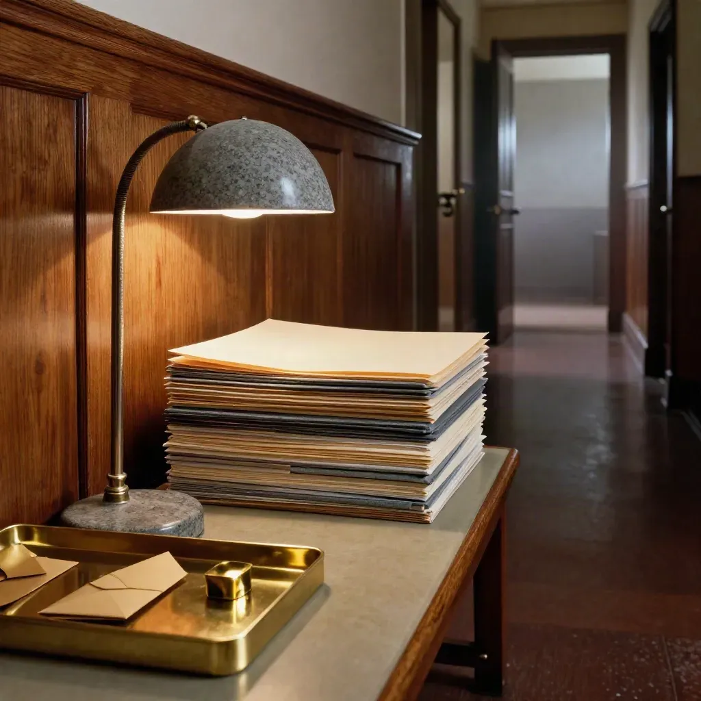 Probate hallway bench with brass trays, keyed cabinets, lamp, and estate files in morning mist.