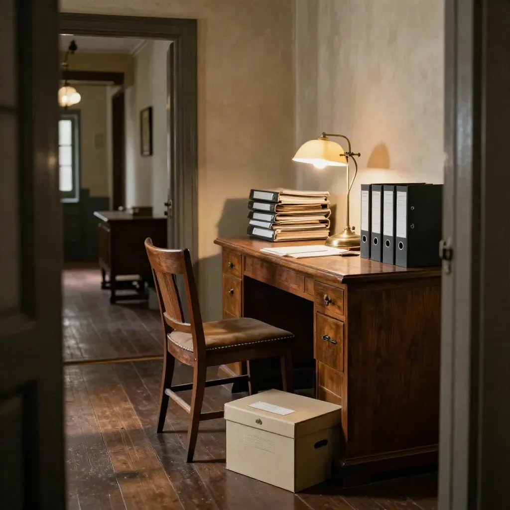 Quiet trust office corner with chair, file trays, lamp, and sealed box after a meeting.