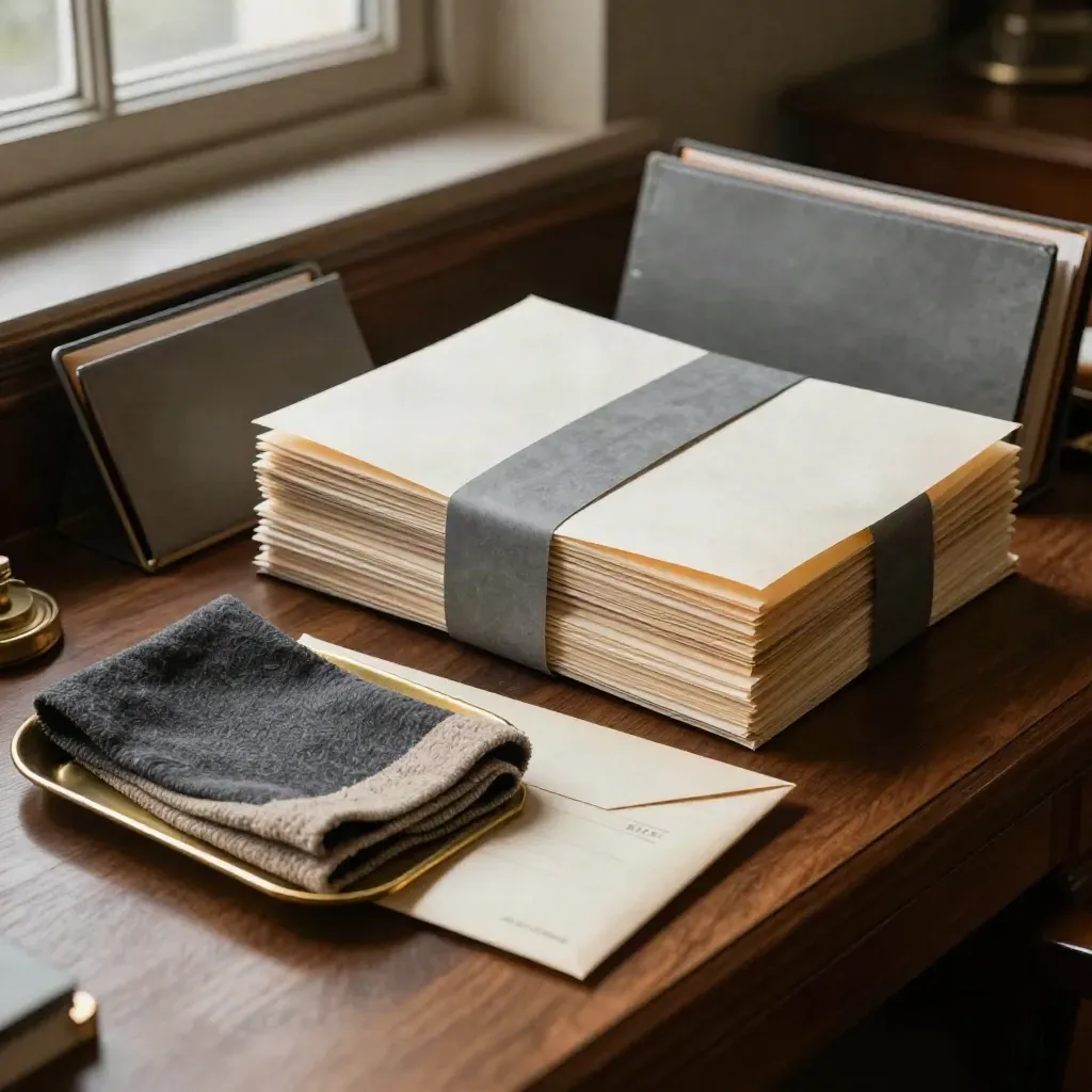 Estate papers, probate envelope, brass tray and wool cloth on a walnut bench.