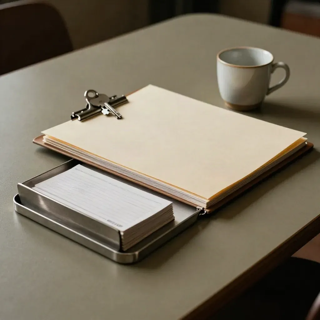 Pension trustee folder, face-down note cards, metal tray and cup on a dim meeting table.
