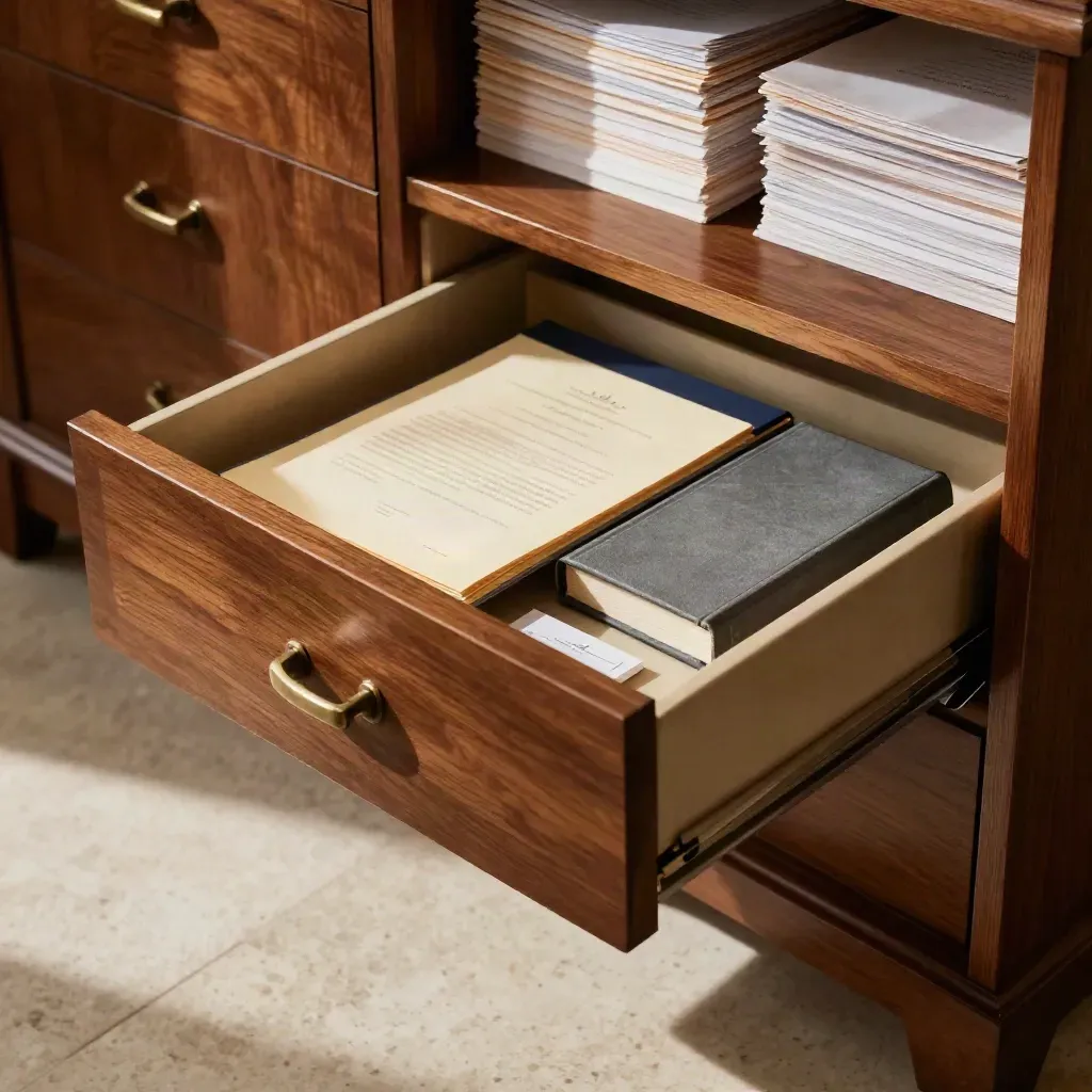 Half-open archive drawer with deed folder, reference book and divider card in warm legal office light