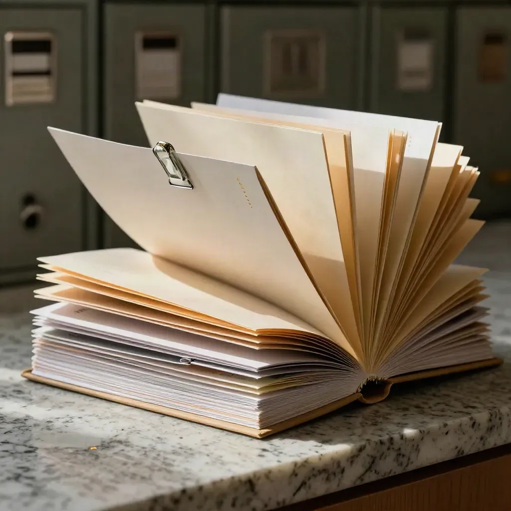 Macro of beneficiary report packets, glass paperweight and clipped index stack on a travertine ledge.