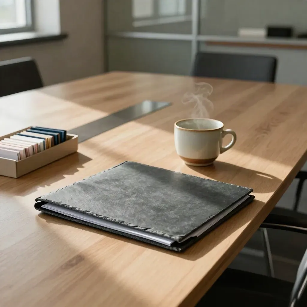 Slate pension folder, cup, and note tray on a quiet trustee meeting table.