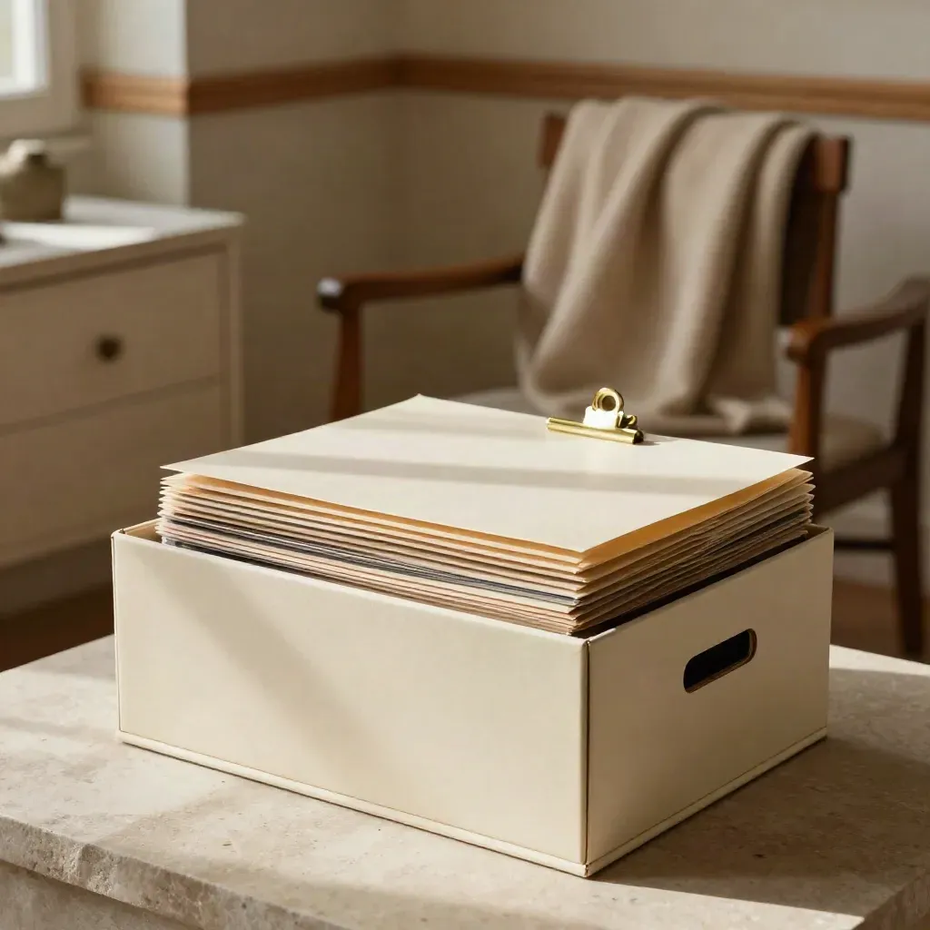 Opened trust box with sorted sleeves, brass clip, and wool throw in a moody study