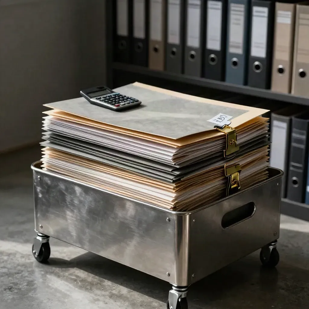 Accountant pack of folders, face-down calculator, envelopes and brass clip in a cool records room.