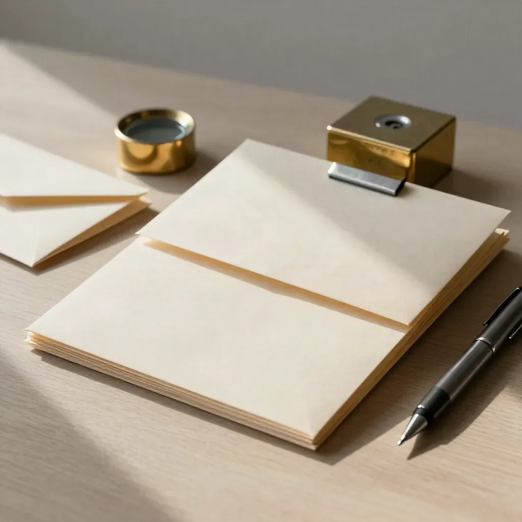 Folded estate report packet with brass paperweight, envelope stack and pen on a pale wood desk.