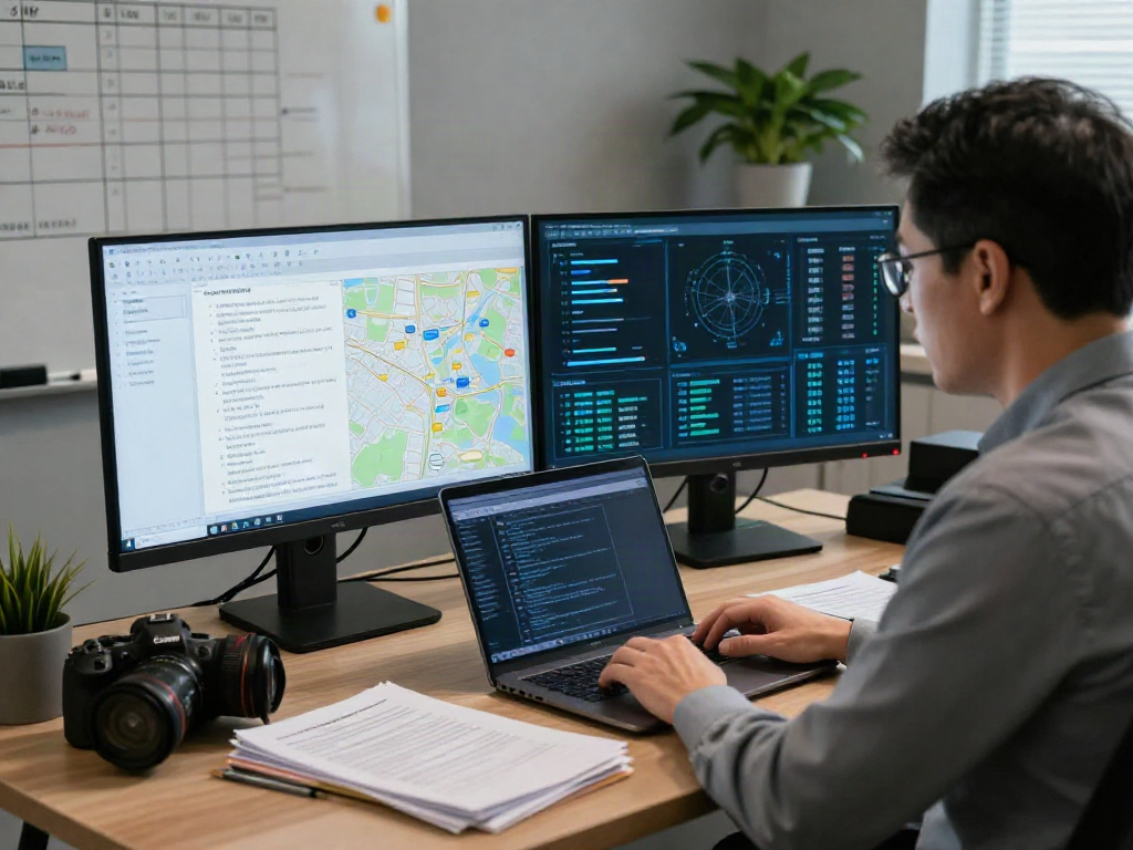 Cyber fraud investigation setup with a professional investigator analyzing data on dual monitors in a focused workspace.