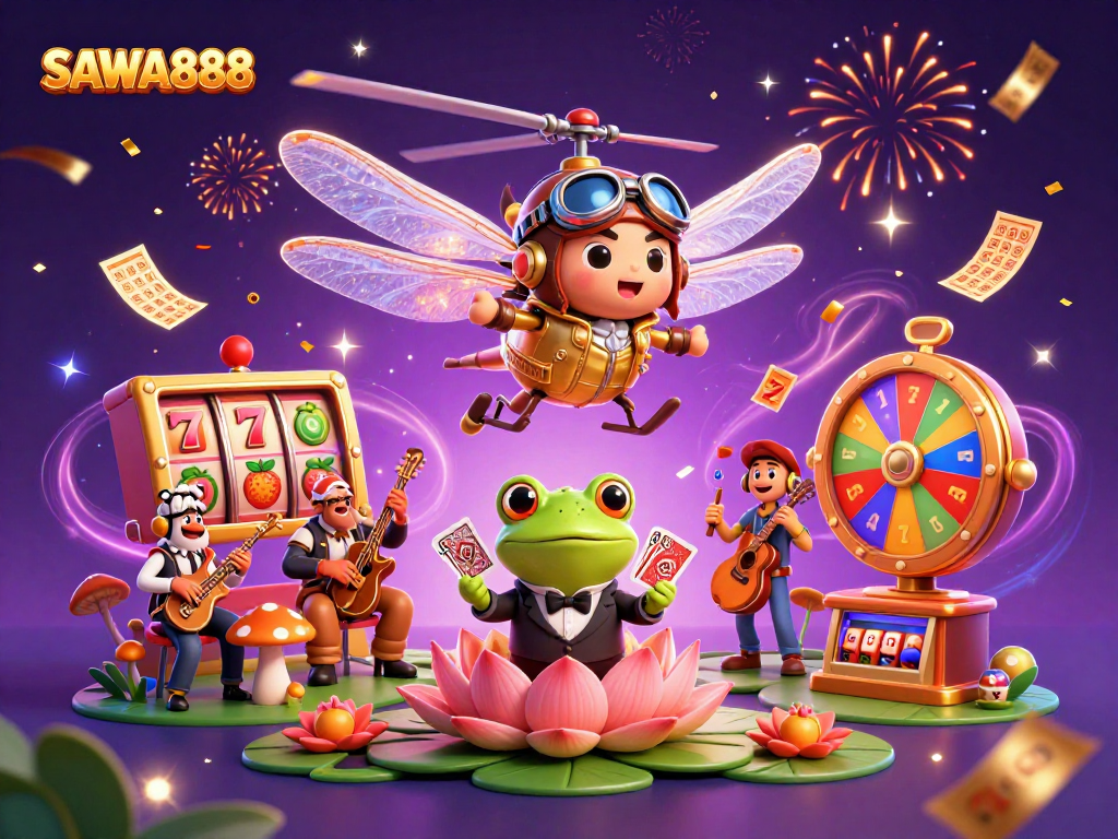 Experience excitement at SAWA888 with thrilling slot action, a vibrant casino atmosphere, and fun characters!