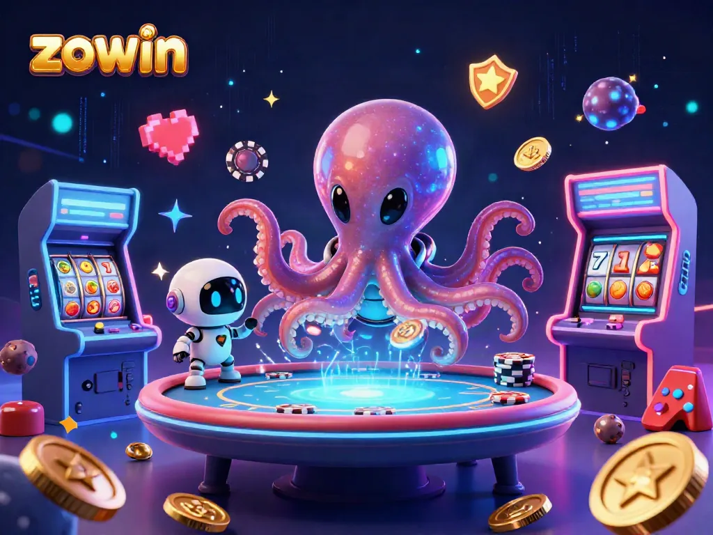 Zowin's vibrant casino-themed 3D illustration features an alien octopus at a holographic poker table amidst colorful game elements.