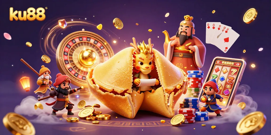 Engage in thrilling games at ku88 featuring a fortune cookie scene bursting with magic and casino elements.
