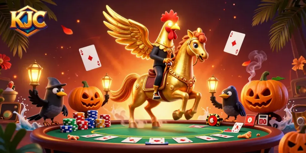KJC brings excitement to gambling with a golden rooster headless horseman and vibrant casino elements.