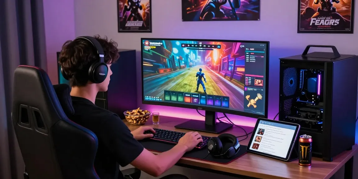 Gamer enjoying an immersive HTML porn game on a high-end PC in a vibrant gaming room with RGB lighting.