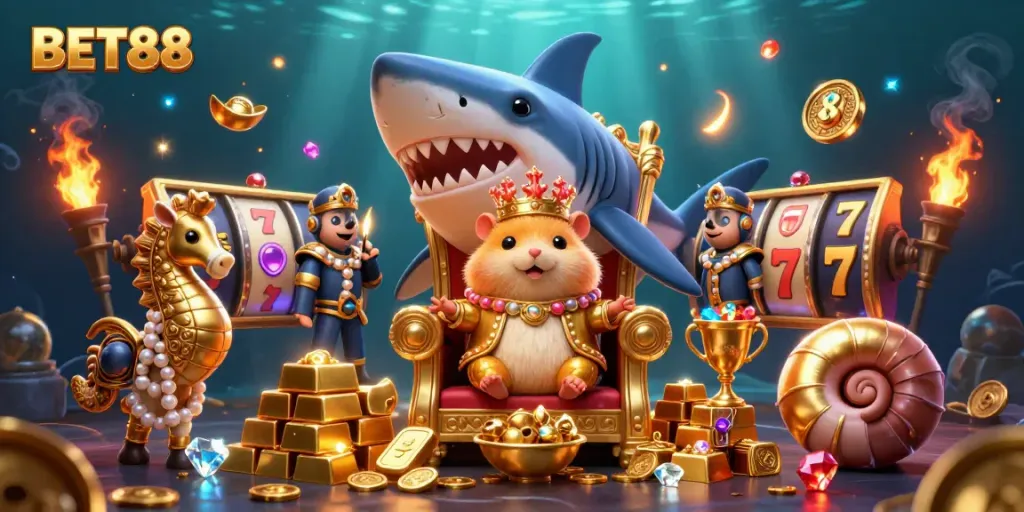 Experience the thrill of BET88 with vibrant casino games and an adventurous underwater scene featuring a fearless hamster king.