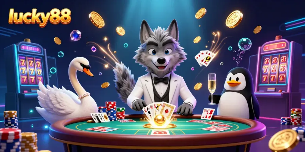 Experience the excitement of lucky88 with a lively, cartoonish casino scene featuring a wolf, swan, and penguin.