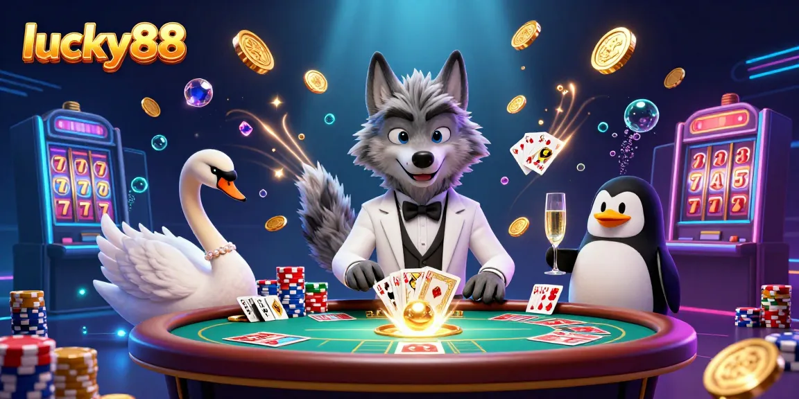 Experience the excitement of lucky88 with a lively, cartoonish casino scene featuring a wolf, swan, and penguin.
