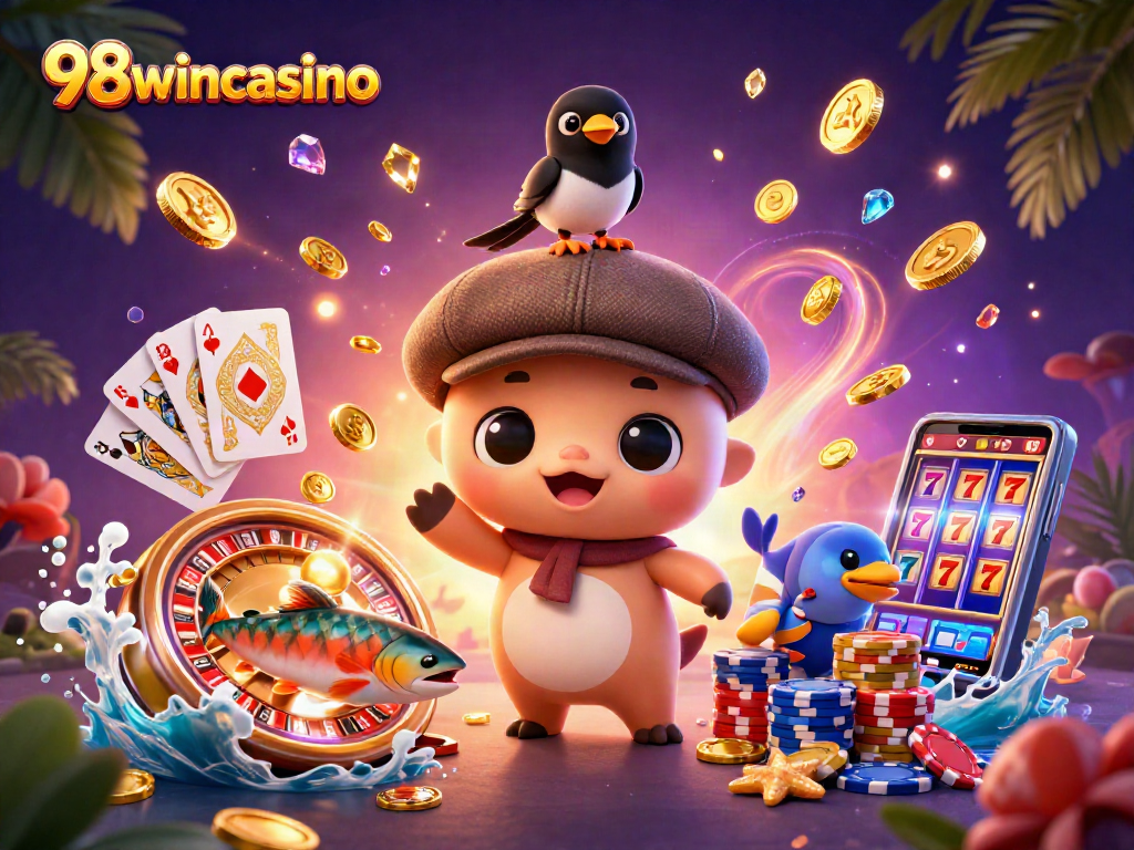 Engage with vibrant 98wincasino animation featuring Nessie and friends winning big in a casino.