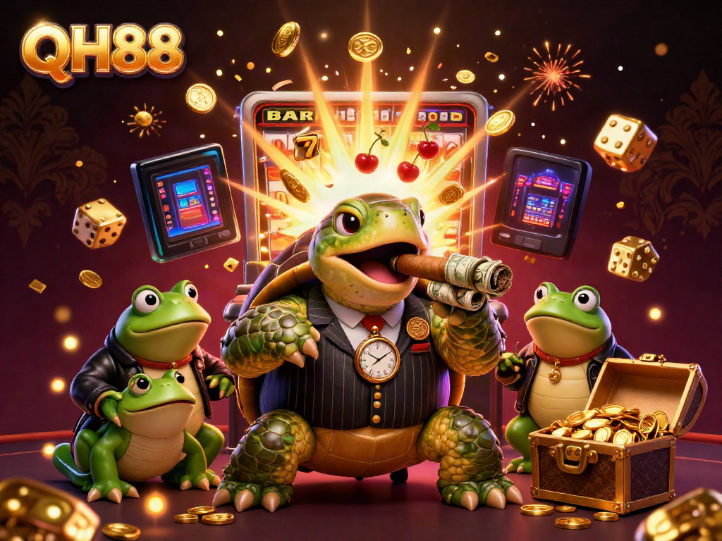 Win big with QH88's vibrant casino scene featuring a snapping turtle and lucky charms.