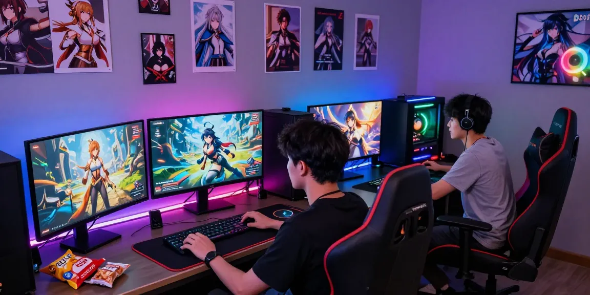 Gamer enjoying hentai game online with immersive setup and vibrant atmosphere