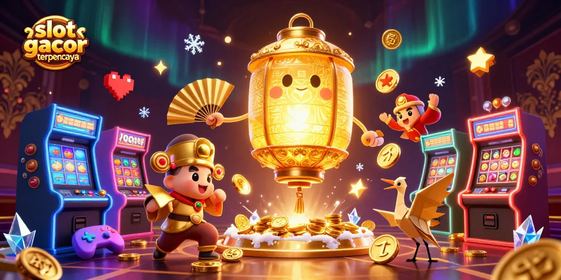 Play and win at slot gacor terpercaya casino, featuring vibrant golden lantern spirit and dynamic slot machines.