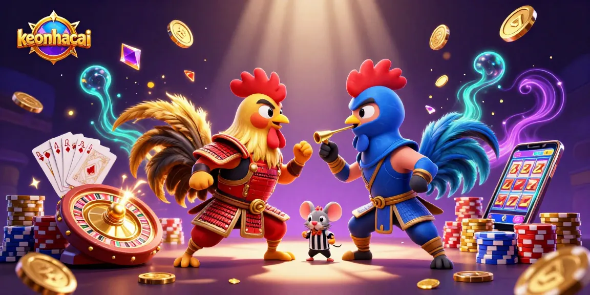 Engage with keonhacai through dynamic cartoon roosters in an intense battle amid casino elements.