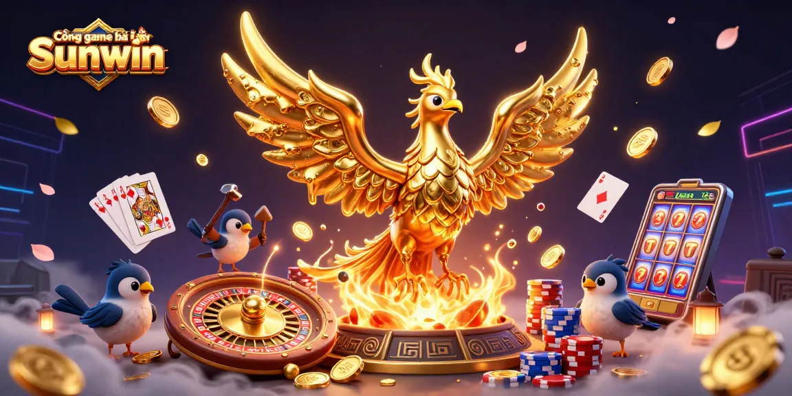 Cổng game bài đổi thưởng Sunwin presents a dynamic illustration of a golden phoenix with cascading coins and game elements, showcasing casino excitement.