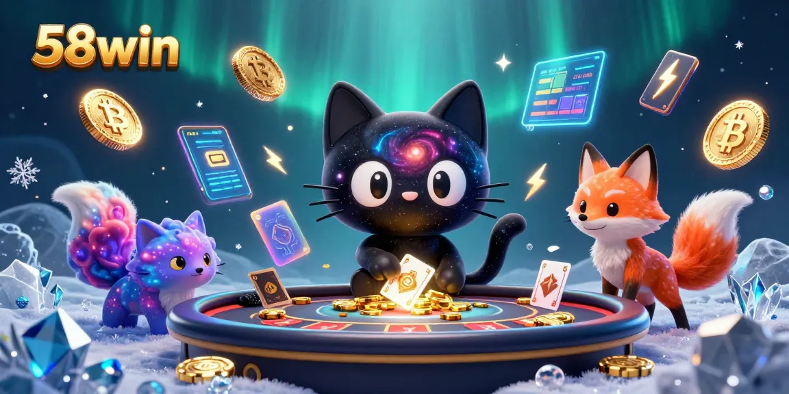 Engage with 58win's dynamic cosmic casino illustration featuring vibrant characters and elements.