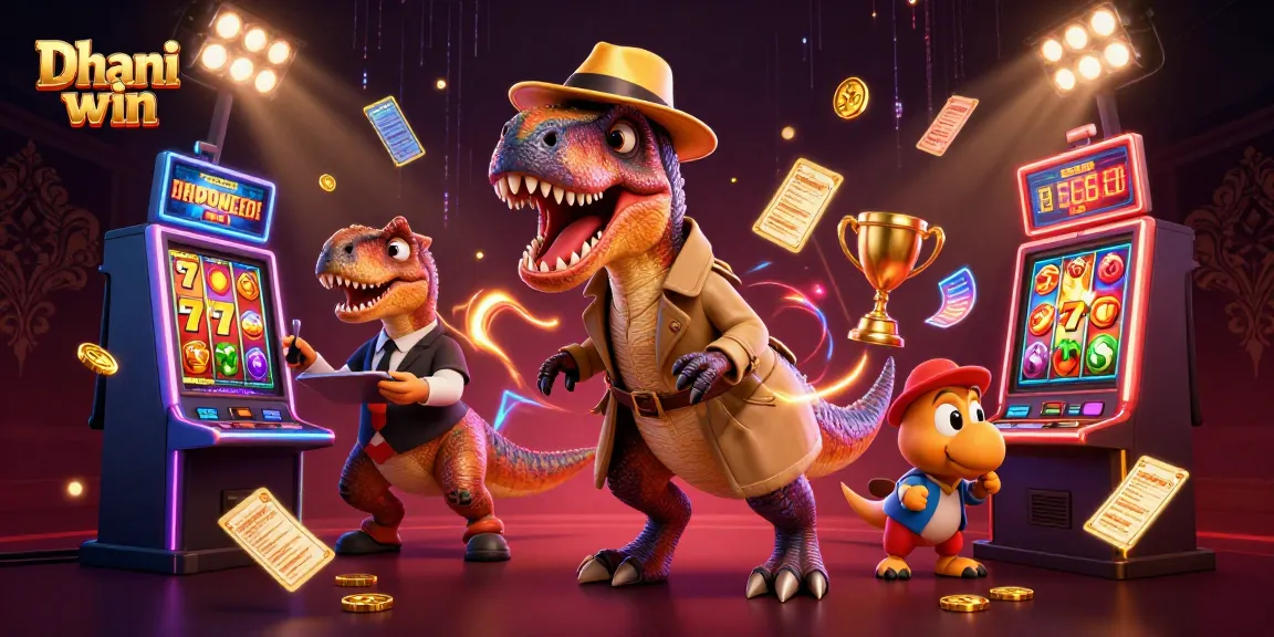Dhani win brings excitement as a velociraptor plays slots alongside a pit boss, capturing the thrill of online gaming.