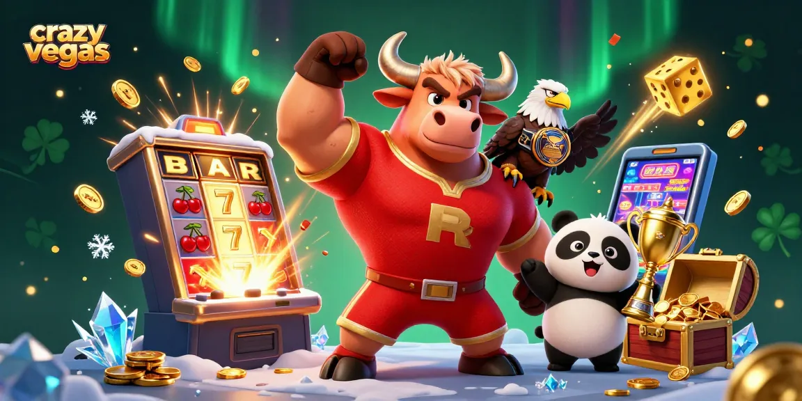 Win big with crazyvegas where a bull mascot celebrates victory amidst a vibrant casino scene.