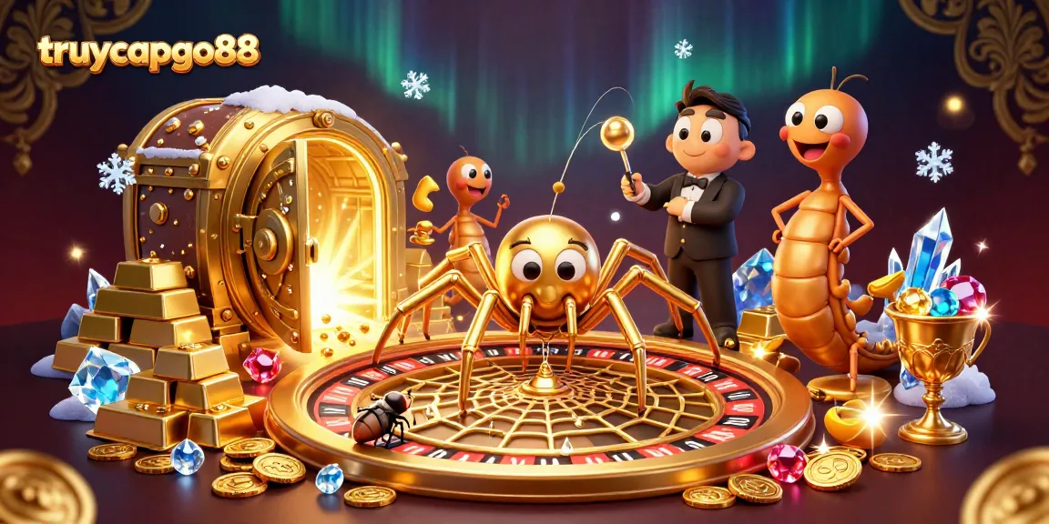 Place bets at the edge of a roulette-inspired web in this vibrant truycapgo88 illustration.