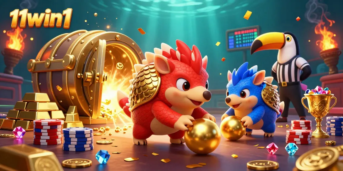 Engage in high-stakes action with 11win1's animated pangolins competing over poker chips in a vibrant casino.