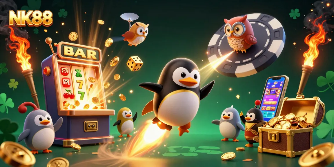 Experience thrilling gaming adventures with NK88, featuring vibrant slot machine action and exciting casino elements.