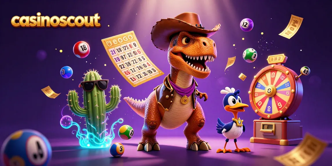 Engaging casinoscout scene with colorful lottery elements featuring a cowboy dinosaur, cactus sidekick, and roadrunner.