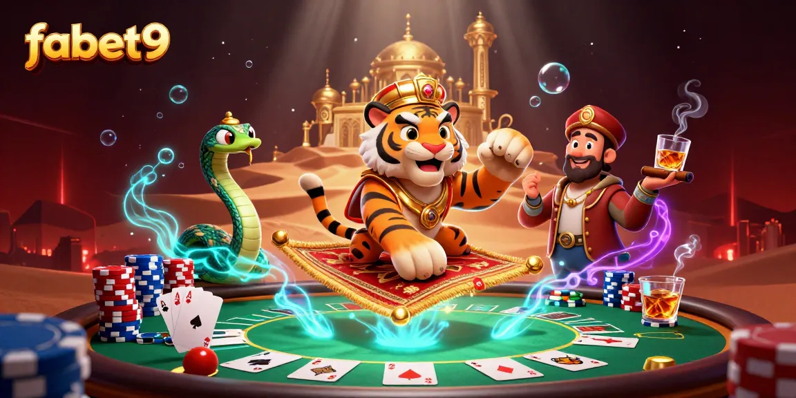 Experience fabet9’s vibrant casino world with a tiger sultan on a magic carpet surrounded by dynamic gambling elements.
